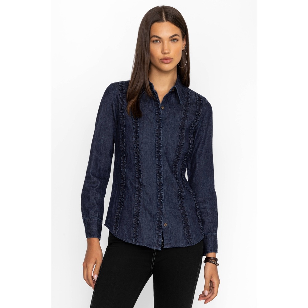 Johnny Was Bordeaux Denim Shirt Dark Wash Ruffle Cotton Long Sleeve Western XS